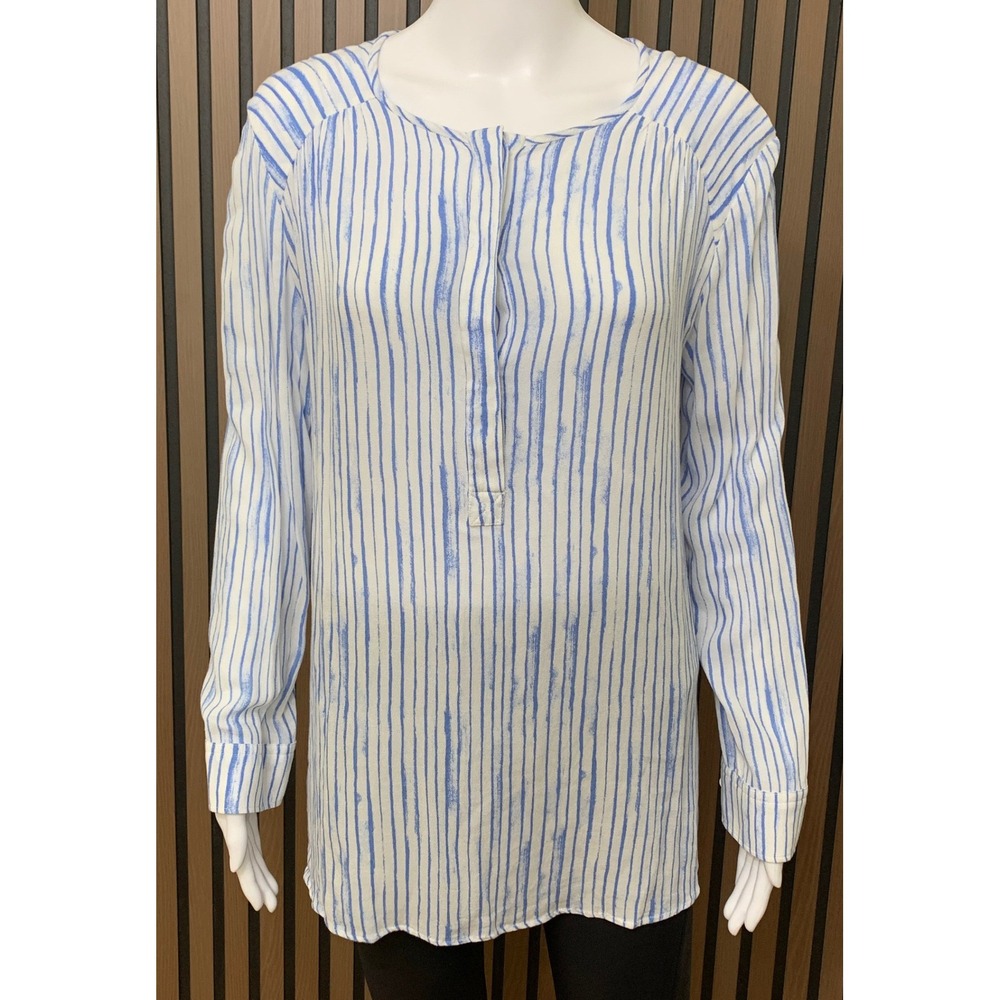Gap Women's Small Tall Blue White Striped Long Sleeve Split Neck Tunic Blouse
